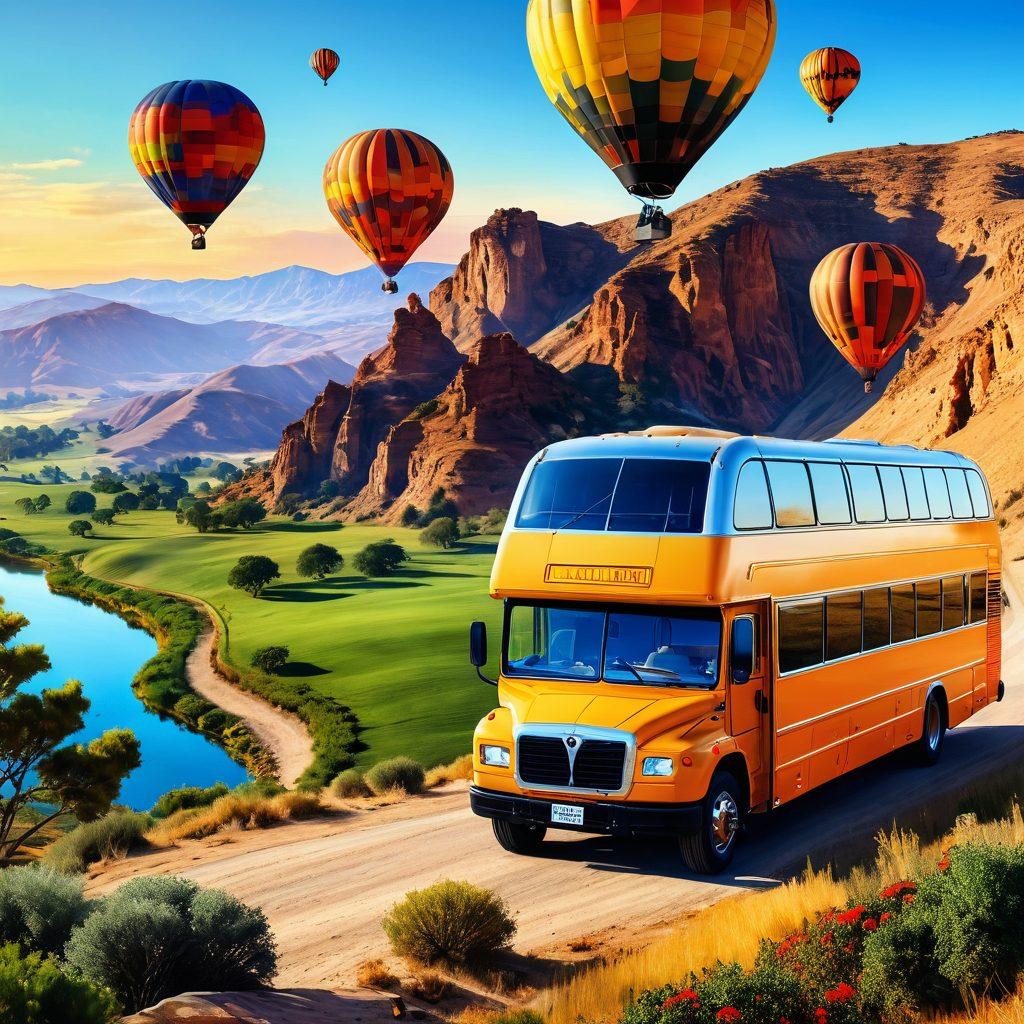 An elegant travel scene featuring a luxurious tour bus surrounded by picturesque landscapes, such as rolling hills and exotic destinations. Include travelers enjoying gourmet meals and breathtaking views, with elements showcasing adventure like hot air balloons and hiking gear. Use warm, inviting colors to evoke a sense of wanderlust and elegance. super-realistic. vibrant colors.