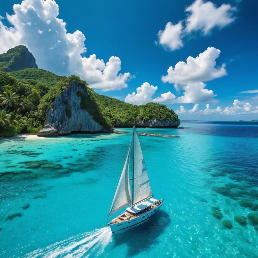 A breathtaking landscape scene showcasing a luxurious yacht sailing through crystal-clear turquoise waters, with vibrant tropical islands in the background. Include an adventurous couple dressed in elegant yet casual attire, exploring local culture with traditional markets and exotic cuisine around them. The sky is bright blue with fluffy white clouds, suggesting a perfect day of exploration. super-realistic. vibrant colors. tropical theme.