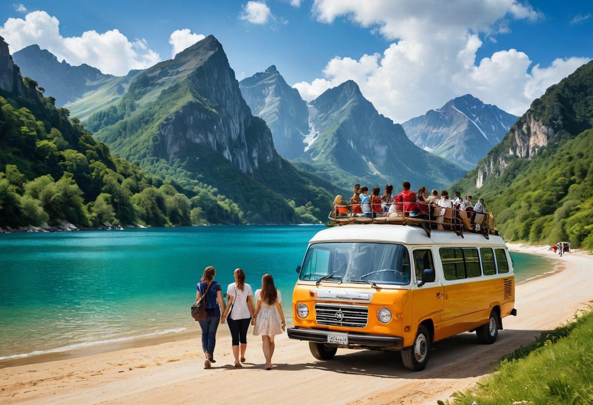 A scenic landscape featuring diverse groups of travelers exploring breathtaking destinations, such as mountains, beaches, and historic sites. The groups, representing various cultures, share smiles and laughter, showcasing the joy of togetherness during their dream tours. Include elements like a tour guide pointing at a map, luxurious vehicles, and authentic local experiences. Evoke a sense of adventure and camaraderie. super-realistic. vibrant colors. travel-themed.